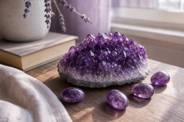 Amethyst cluster and polished stones in calm lavender-toned natural light