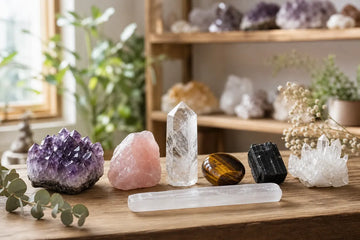 Beginner crystal selection display with amethyst, rose quartz, clear quartz, tiger eye, and black tourmaline