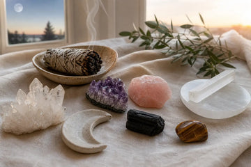 Crystal cleansing ritual flat lay with healing crystals, sage, and selenite plate
