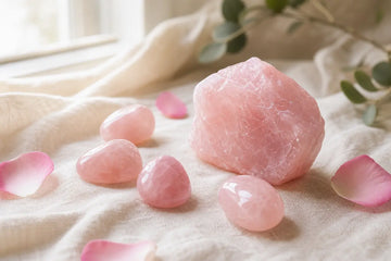Soft pink rose quartz stones arranged on linen in natural light