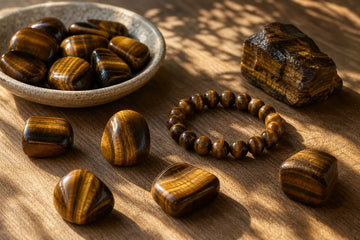 Tiger eye stones and bracelet glowing in warm afternoon sunlight