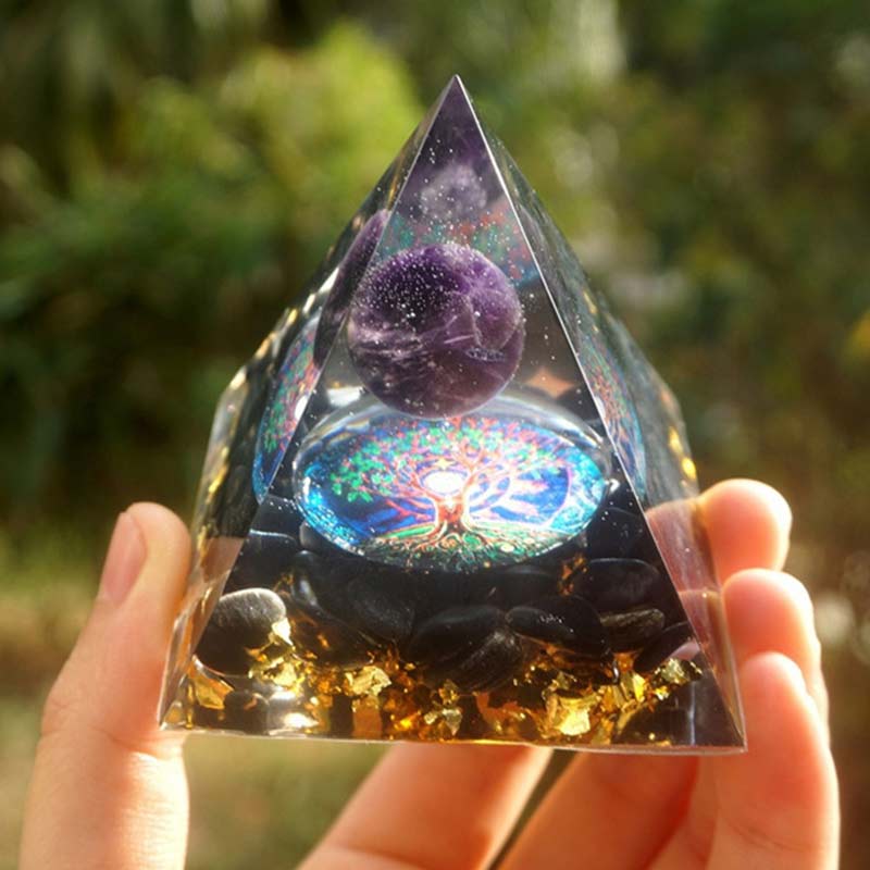 Amethyst Orgonite Pyramid with Crystal Sphere | 60mm Energy Tower for Meditation and EMF Protection