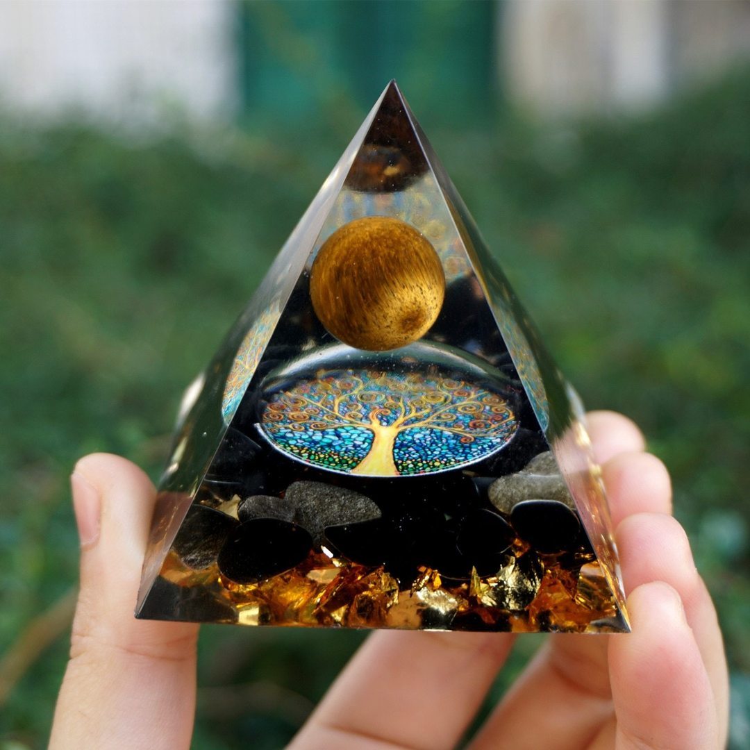Tiger Eye Orgonite Pyramid | Energy Generator Crystal Pyramid for Reiki, Chakra Healing and EMF Protection
