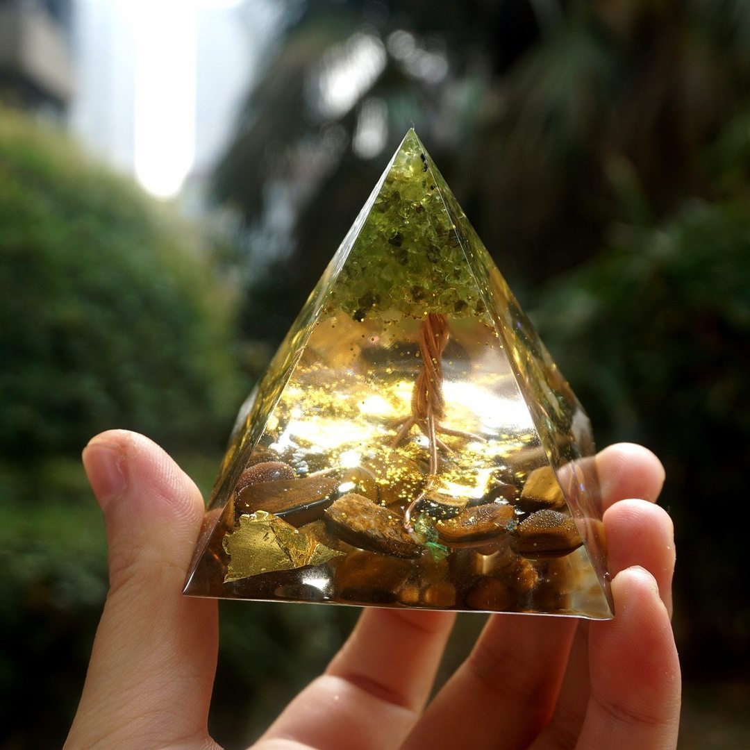 Tiger Eye Orgonite Pyramid | Energy Generator Crystal Pyramid for Reiki, Chakra Healing and EMF Protection